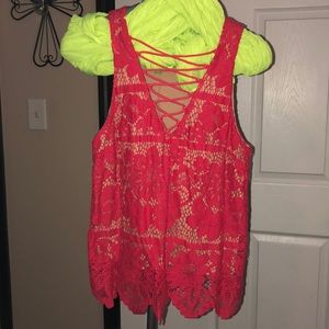 Express red lace tank with nude inset XS